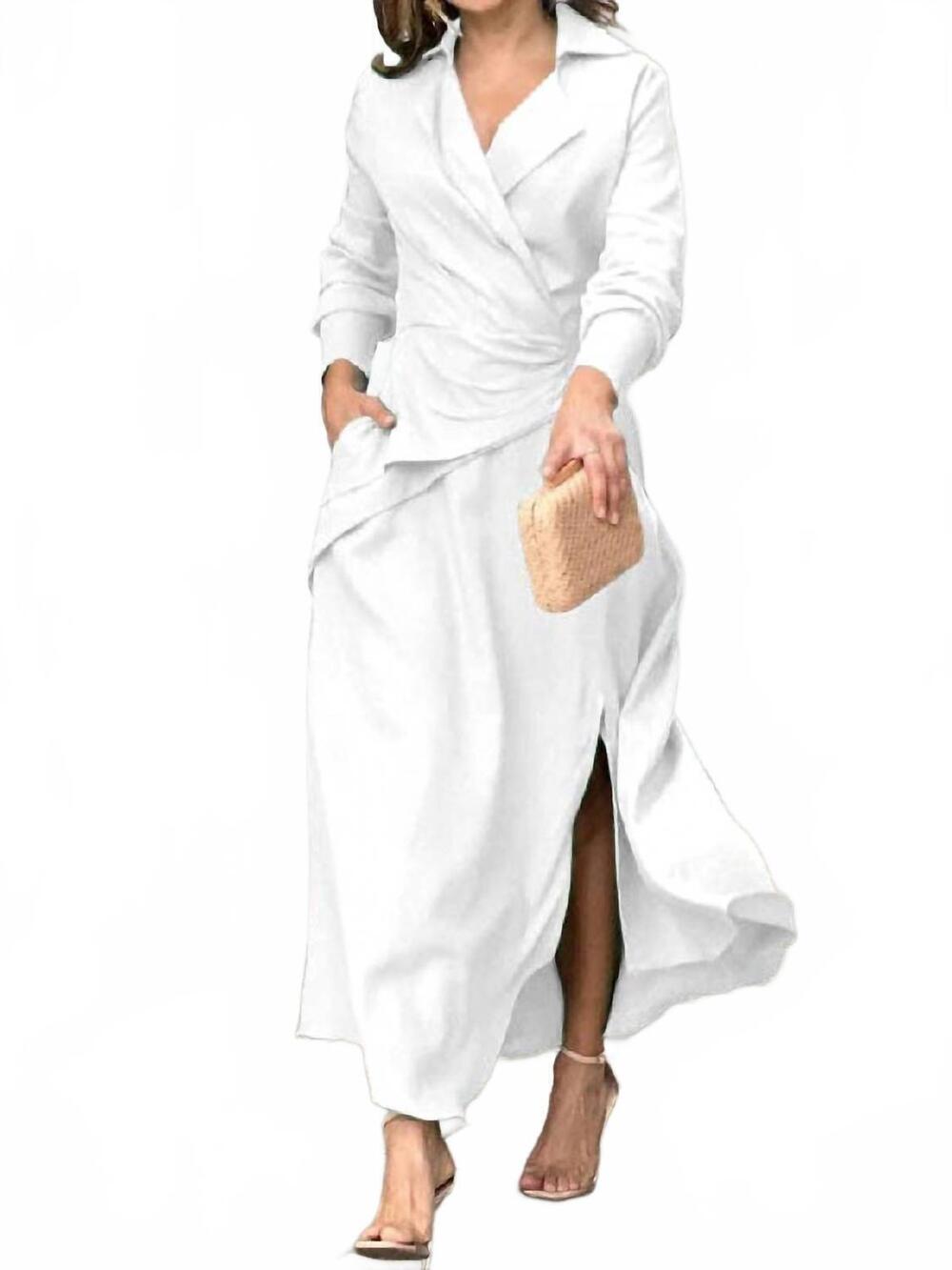 NEW VIVIDLUX loose solid color split-side notched collar maxi dress in white